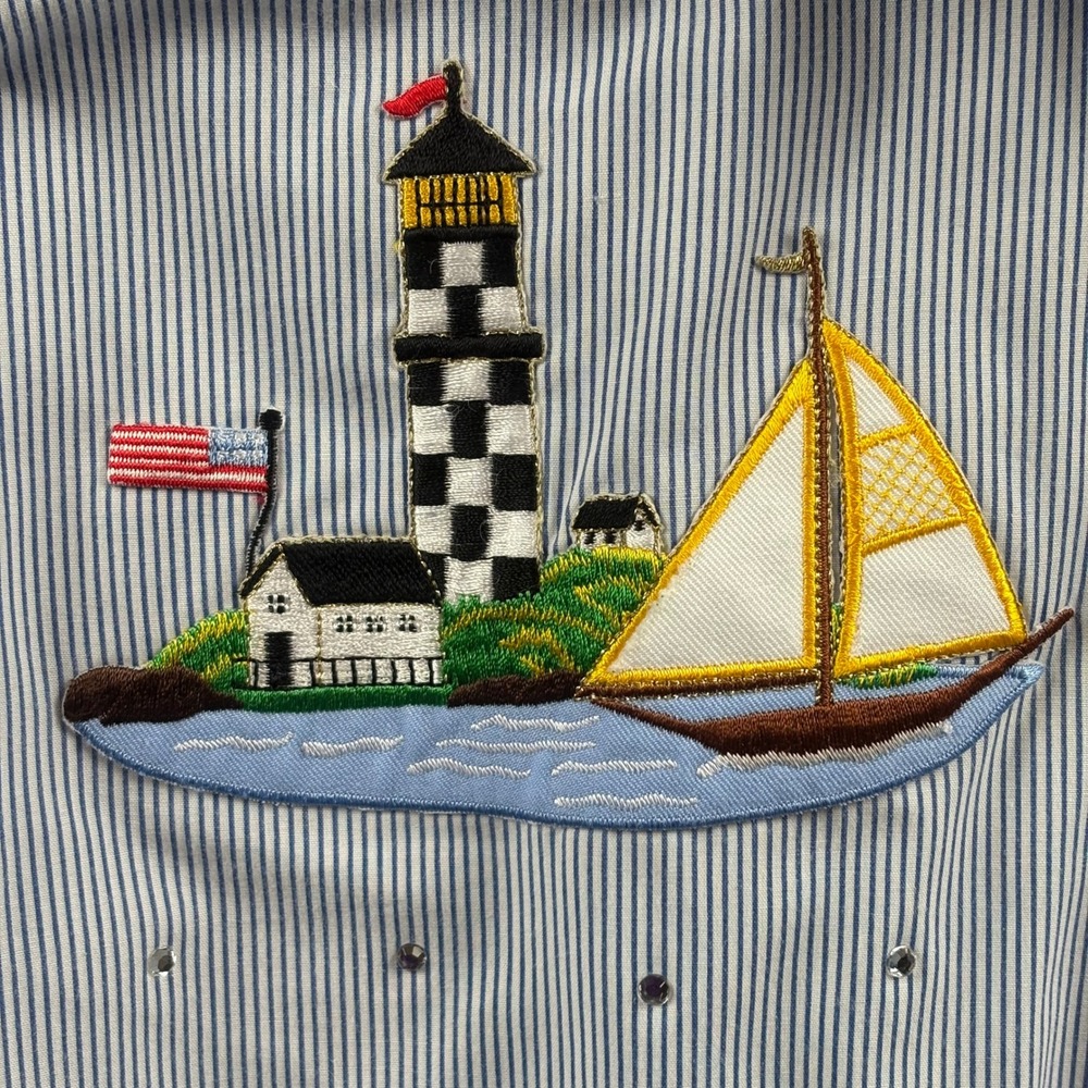 Nautical Lighthouse Embroidered Shirt XL Blue Stripe Coastal‎ Button Up Resort - Picture 4 of 13